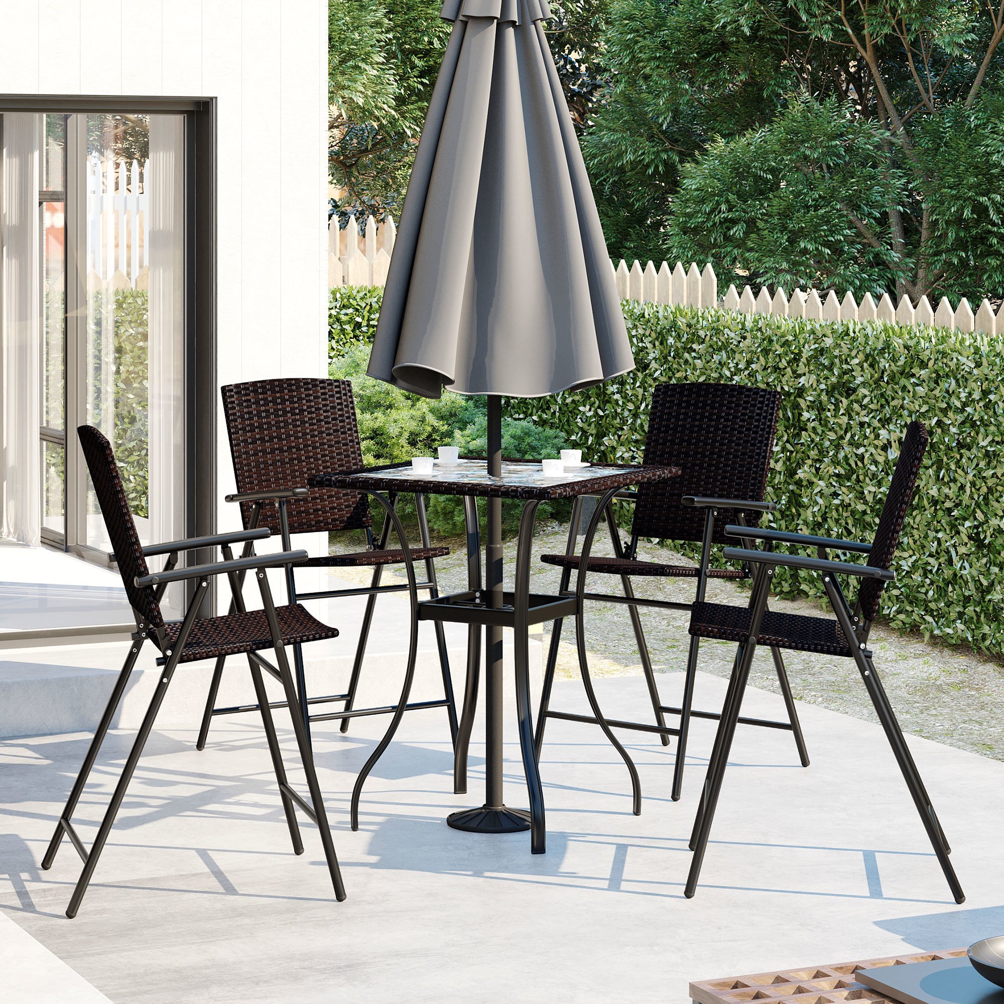 Outdoor Patio PE Wicker 5-Piece Counter Height Dining Table Set with Umbrella Hole and 4 Foldable Chairs, Brown Outdoor Patio PE Wicker 5-Piece Counter Height Dining Table Set with Umbrella Hole and 4 Foldable Chairs, Brown