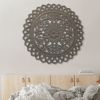 36 Inch Handcarved Wooden Round Wall Art with Floral Carving, Distressed Brown